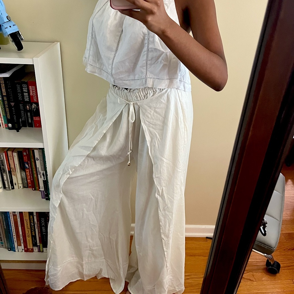 Free People White Two-Piece Set Flowy Bell Bottoms Halter Top Boho Linen